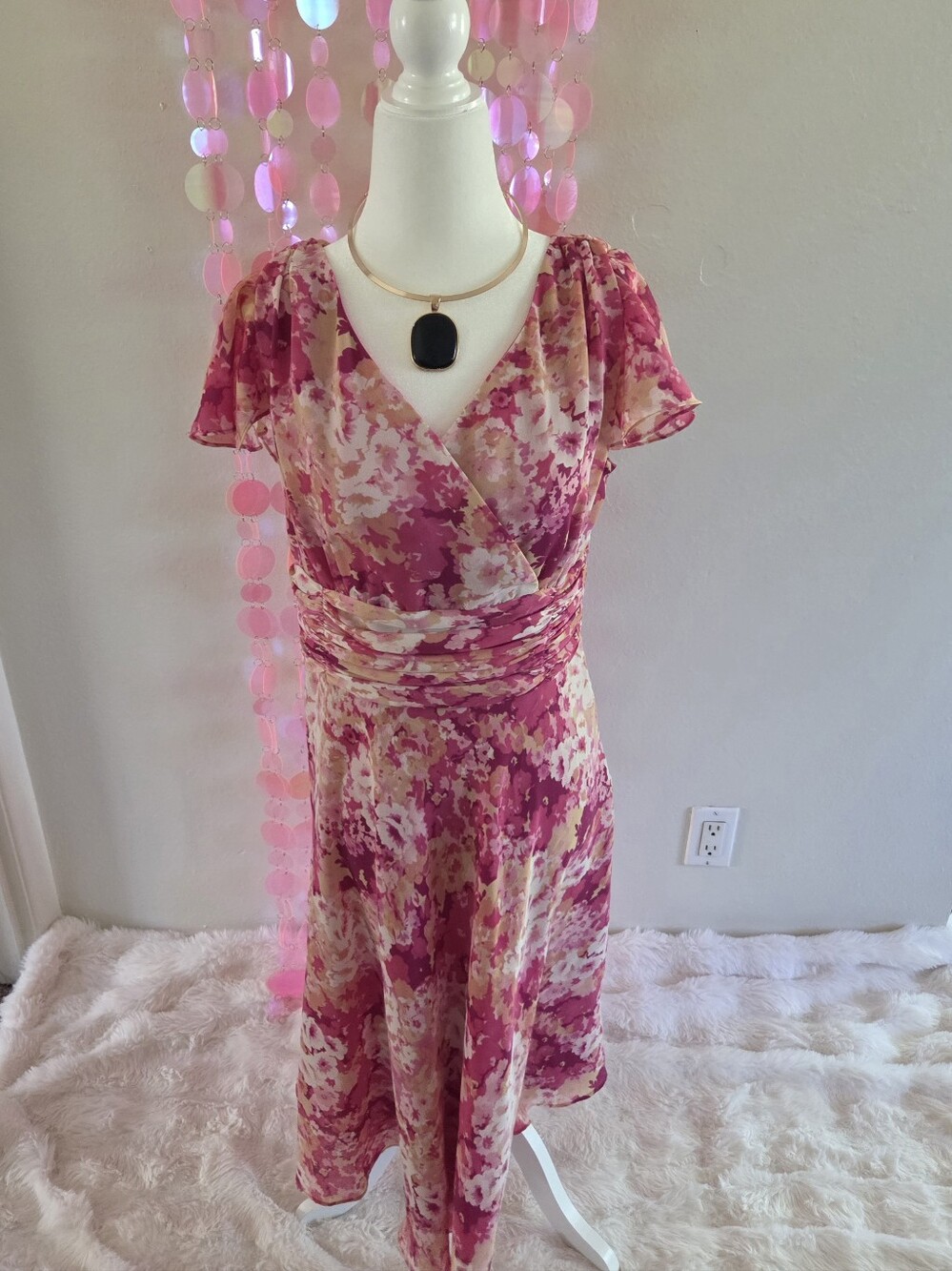 Liz Baker Pink and Cream Floral Wrap-Style Midi Dress